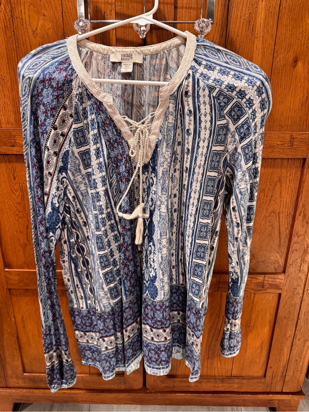 Women’s Vintage Style Blue Patterned Peasant Top with Tie Neck